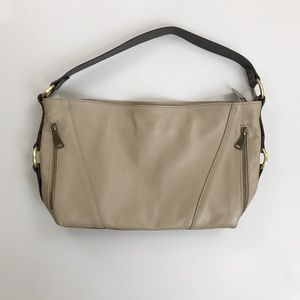 SUNDANCE Italian Pebbled Leather Shoulder Bag Minimal Purse Taupe Chocolate